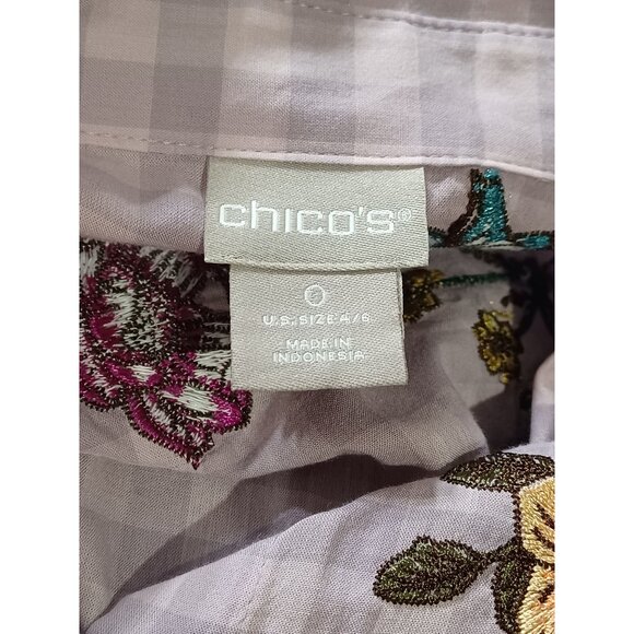 Chicos Embroidered Floral Checkered Button-Up Shirt Size 4/6 Lavender Cotton - Picture 3 of 9